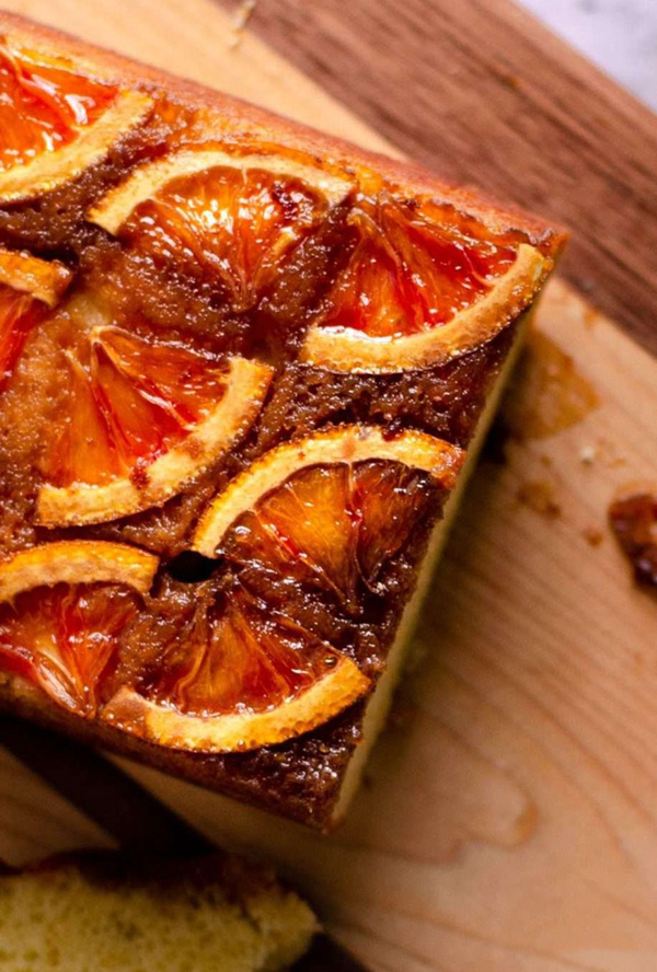 A photo of orange oil oil upside down cake.